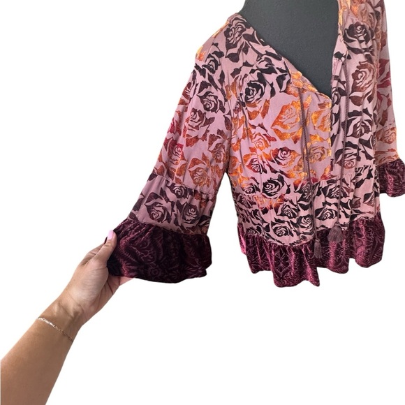 RXB Burnout Velvet Floral Peasant Blouse Boho Romantic Top L H - Picture 3 of 10